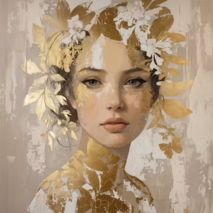 Tapete - Gesicht - Frau - Blätter - Gold