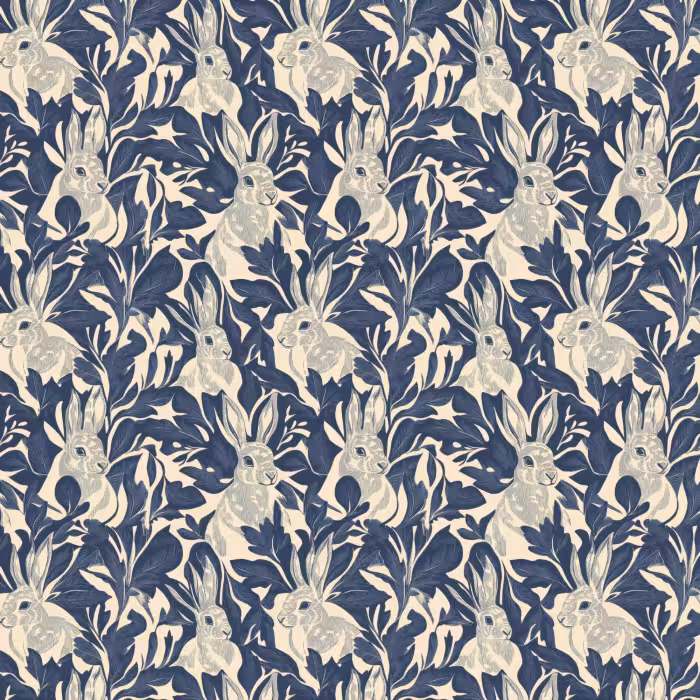 Tapete - Hasen - Blätter - Muster - Blau - Beige