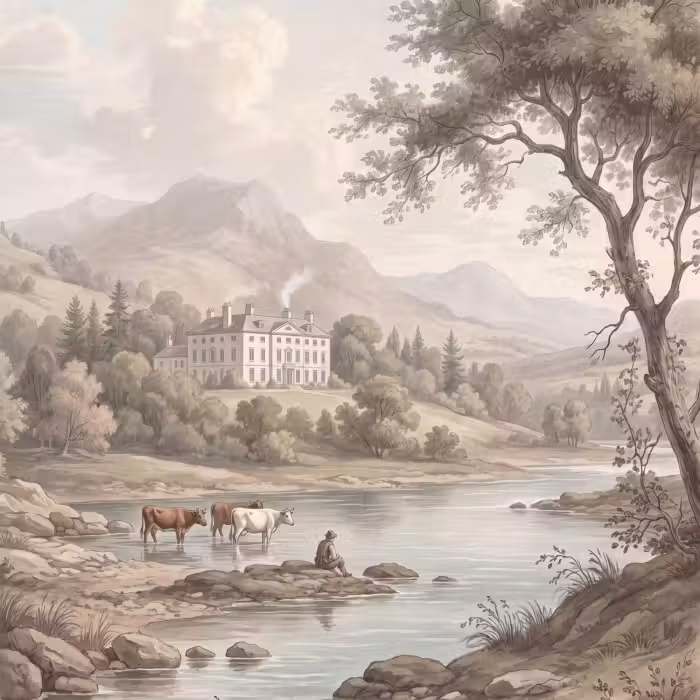 Tapete - Landhaus - Fluss - Vieh