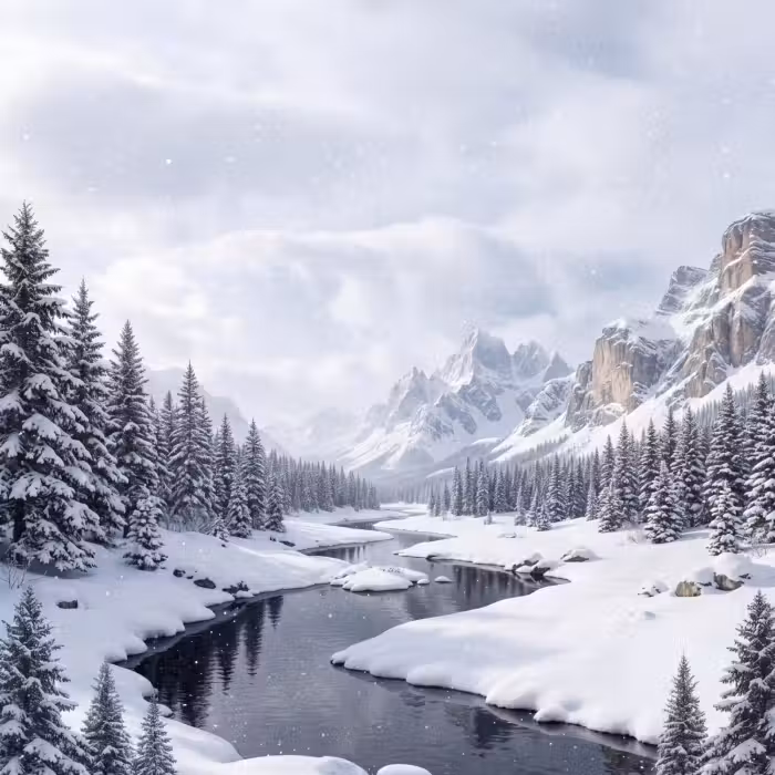 Tapete - Verschneite Landschaft - Berge - Fluss - Winter