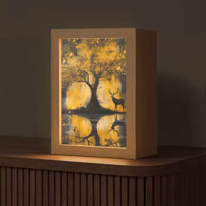 Tischlampe - Baum - Lackierung - Hirsch - Natur - Gold