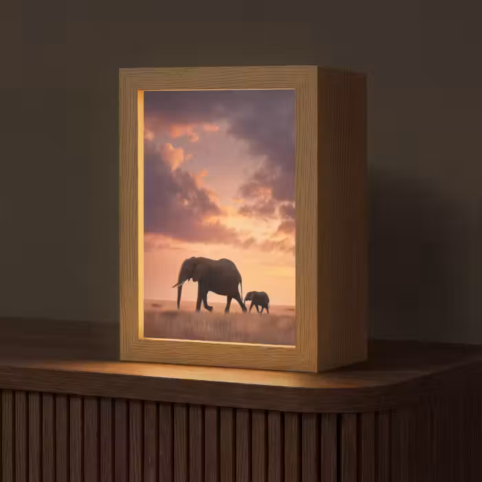 Tischlampe - Elefanten - Grasland - Sonnenuntergang