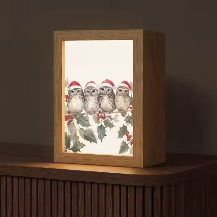 Tischlampe - Eulen - Zweig - Stechpalmenblätter - Weihnachtsmannmütze