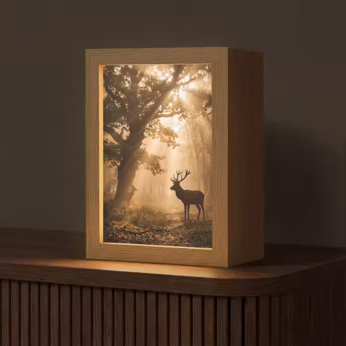 Tischlampe - Hirsch - Wald - Neblig - Natur - Gold