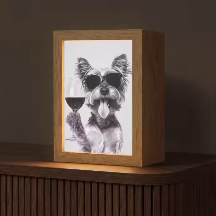 Tischlampe - Hund - Weinglas - Sonnenbrille - Enthusiastisch