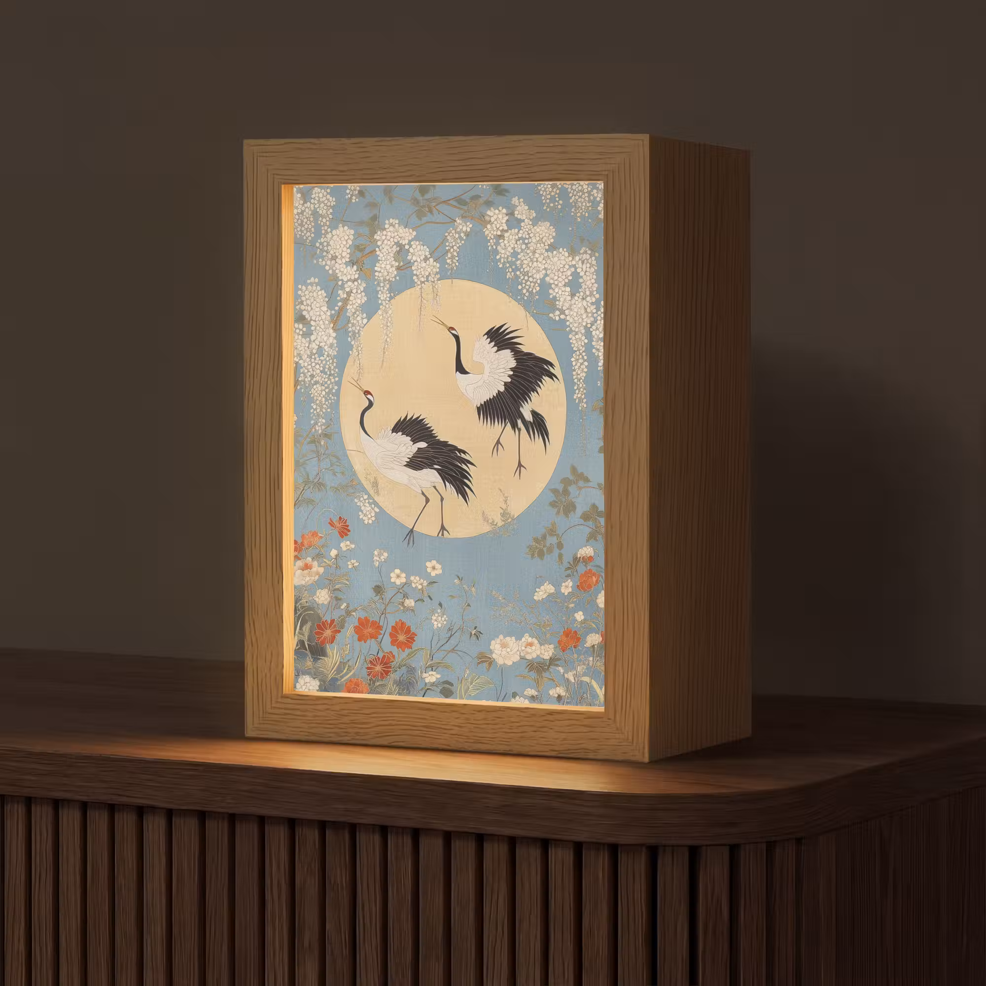 Tischlampe - Kraniche - Mond - Blumen - Blau