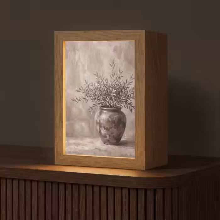 Tischlampe - Olivenpflanze - Tontopf - Abstrakt - Beige