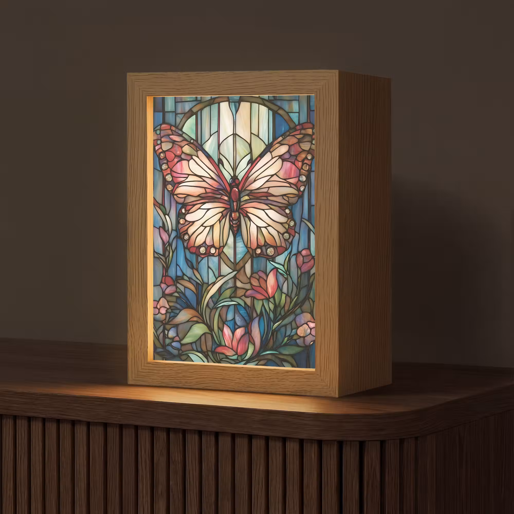 Tischlampe - Schmetterling - Rosa - Blumen - Blätter