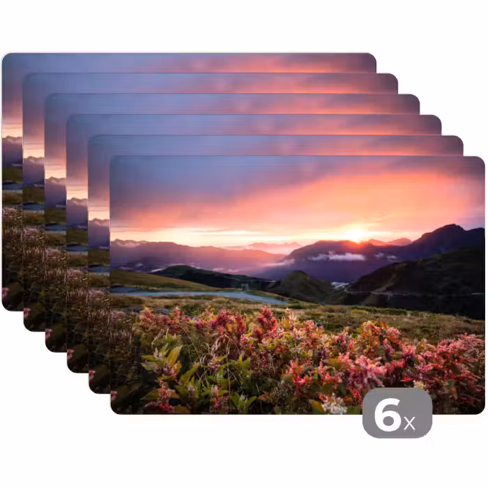Tischset - 6 Stück - Blumen - Berge - Landschaft - Nacht - Himmel - Rosa