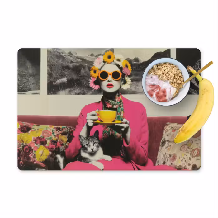 Tischset - 6 Stück - Frau - Katze - Blumen - Tasse - Retro