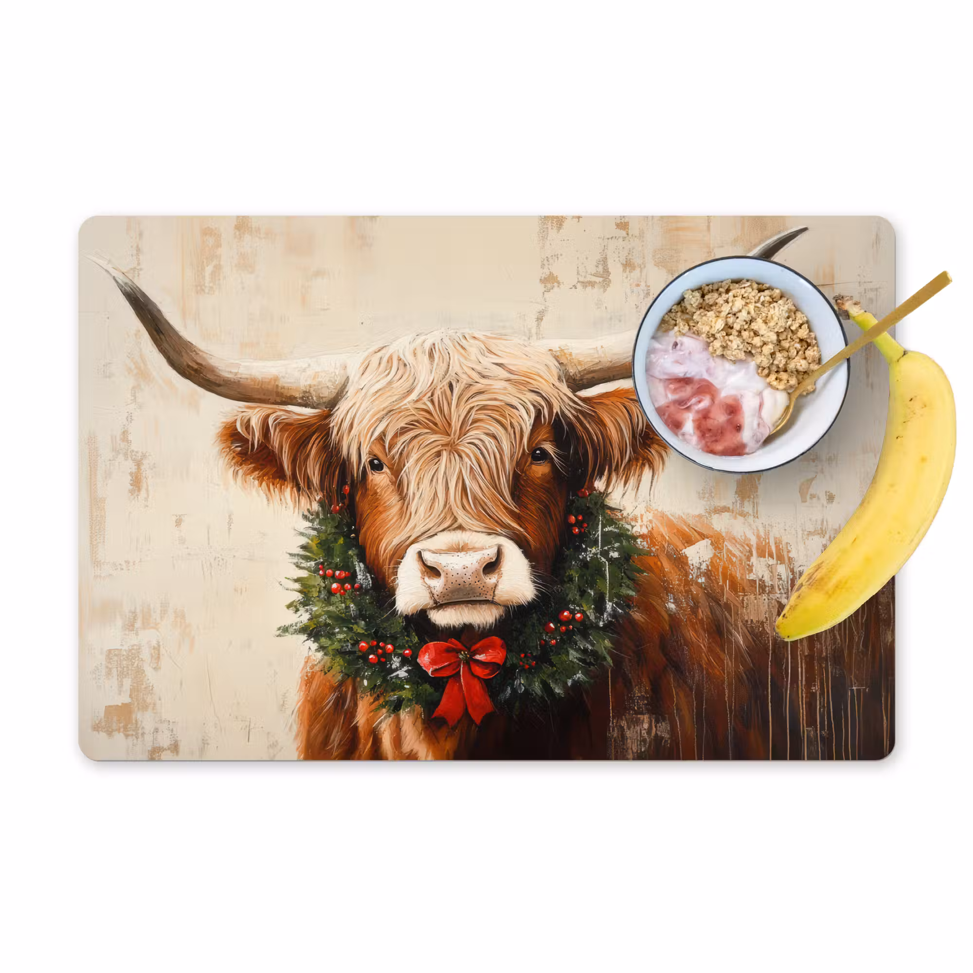 Tischset - 6 Stück - Weihnachten - Schottischer Highlander - Braun - Kranz