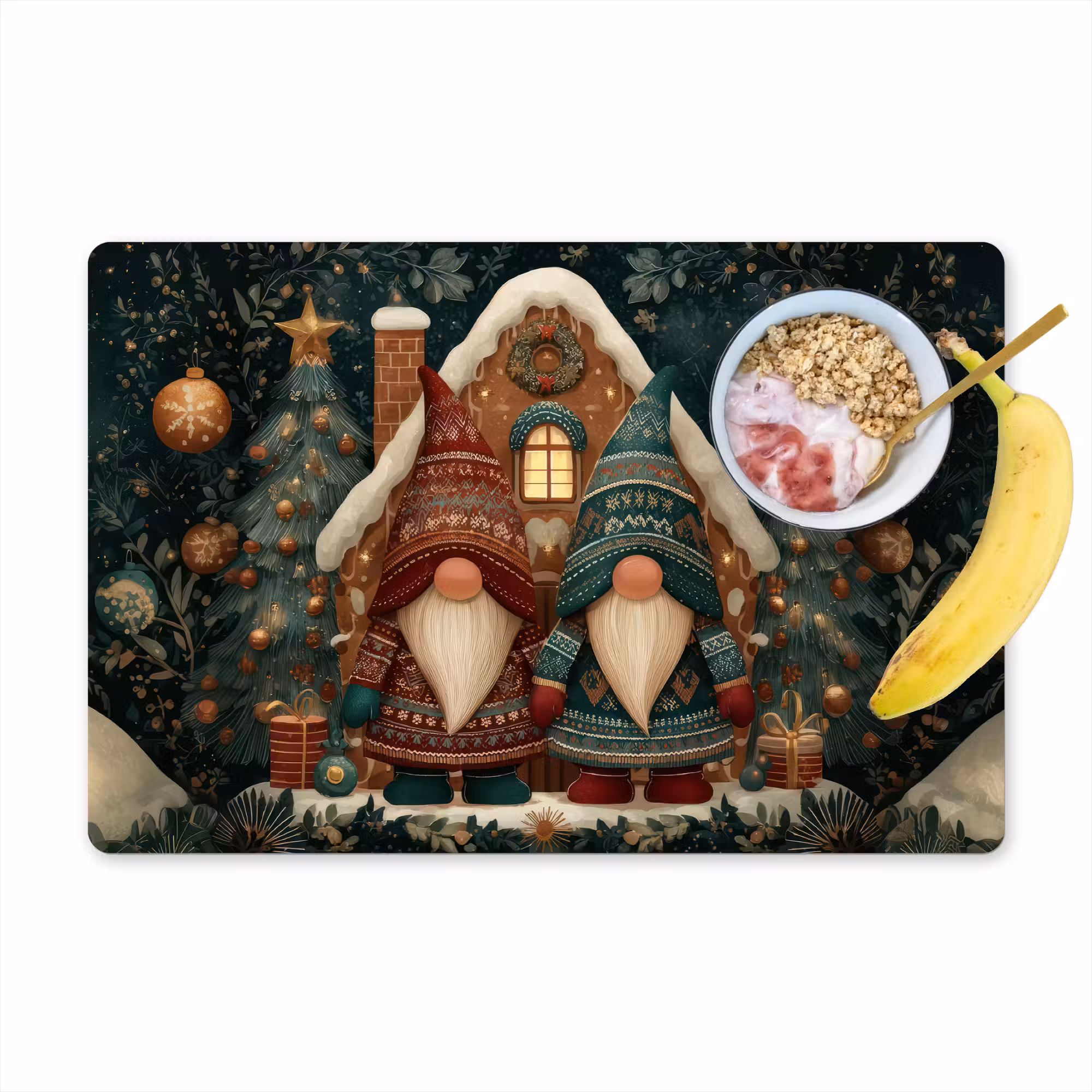 Tischset - 6 Stück - Weihnachten - Wichtel - Lebkuchenhaus - Rot - Grün