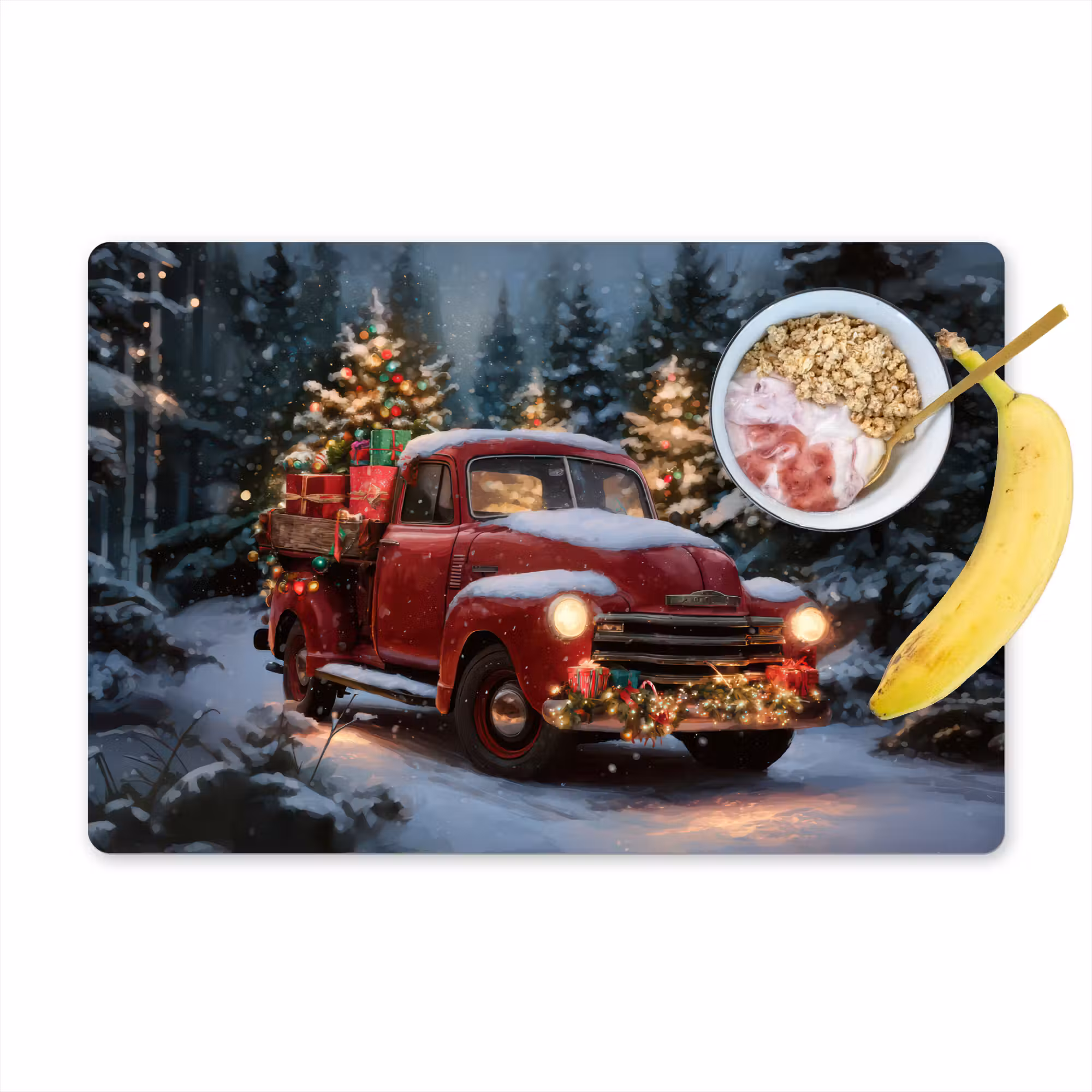 Tischset - 6 Stück - Weihnachts-LKW - Schneewald - Rot