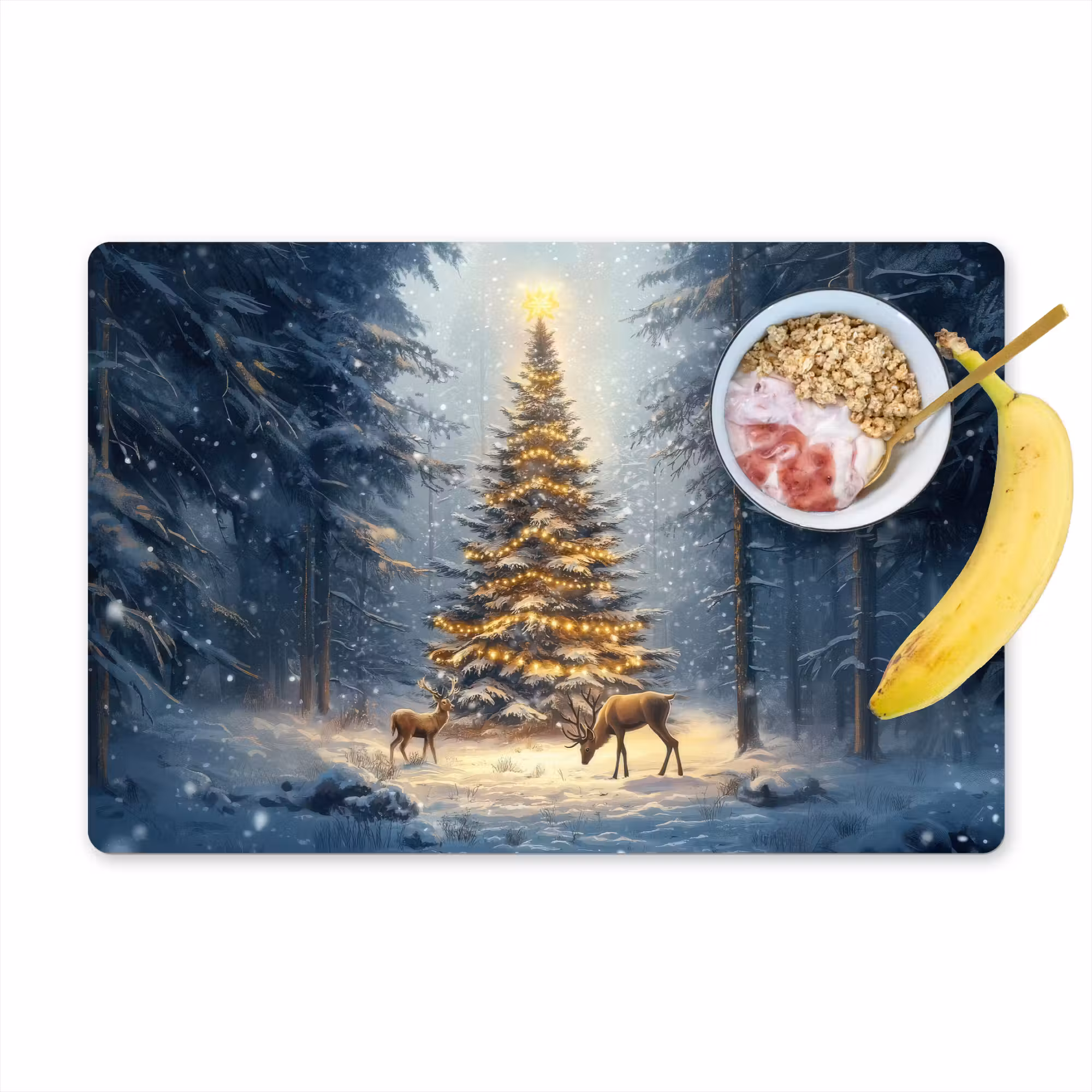 Tischset - 6 Stück - Weihnachtsbeleuchtung - Wald - Hirsche - Dunkelheit