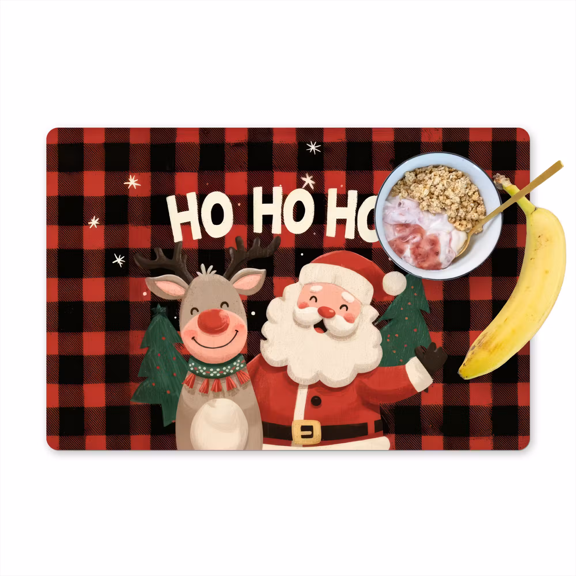 Tischset - 6 Stück - Weihnachtsmann - Rentier - Text - Rot - Schwarz