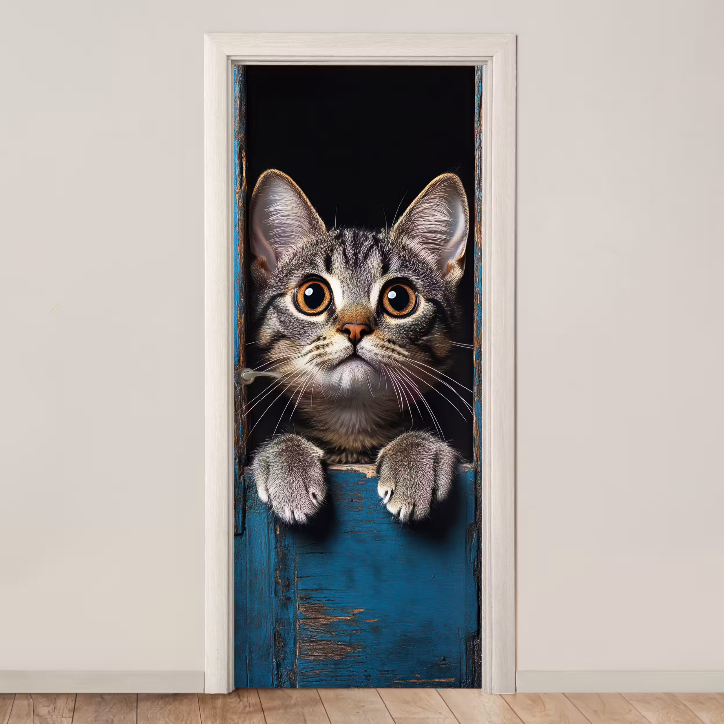 Türtapete - Katze - Durchsichtig - Holz - Tiere - Blau