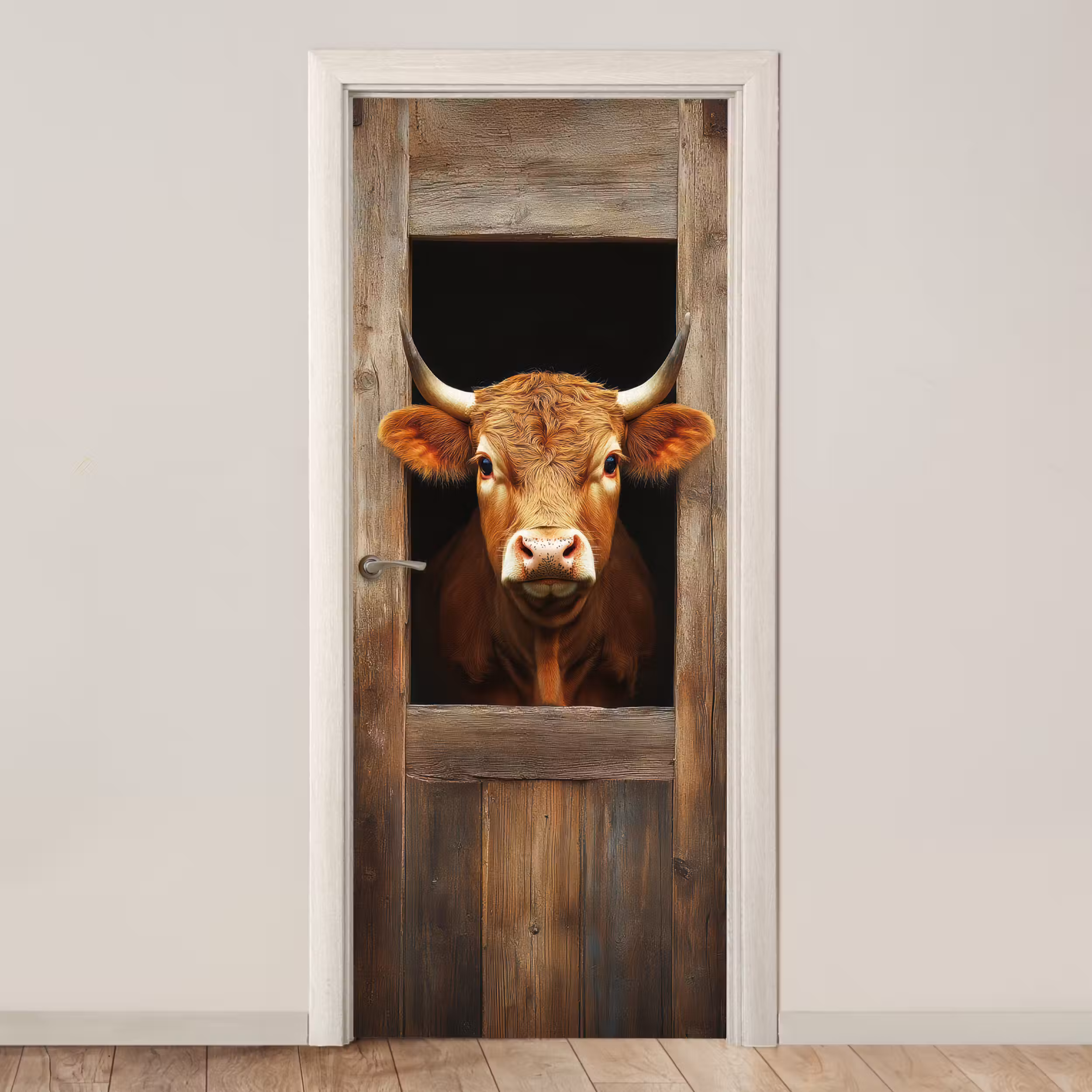 Türtapete - Kuh - Fenster - Holz - Tiere