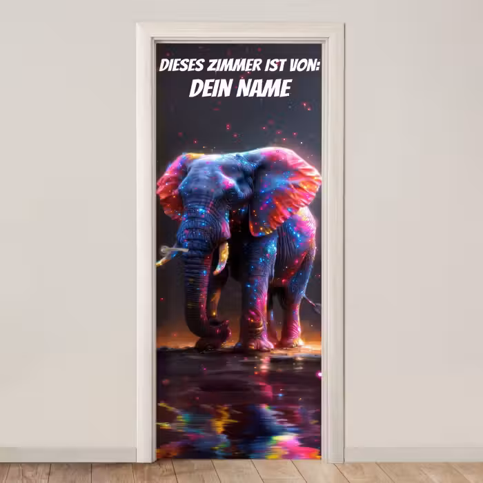 Türtapete mit Name - Bunter Neon-Elefant mit Namensfeld.