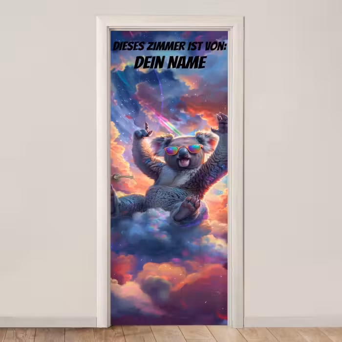 Türtapete mit Name - Fröhlicher Koala mit Sonnenbrille auf Wolke.