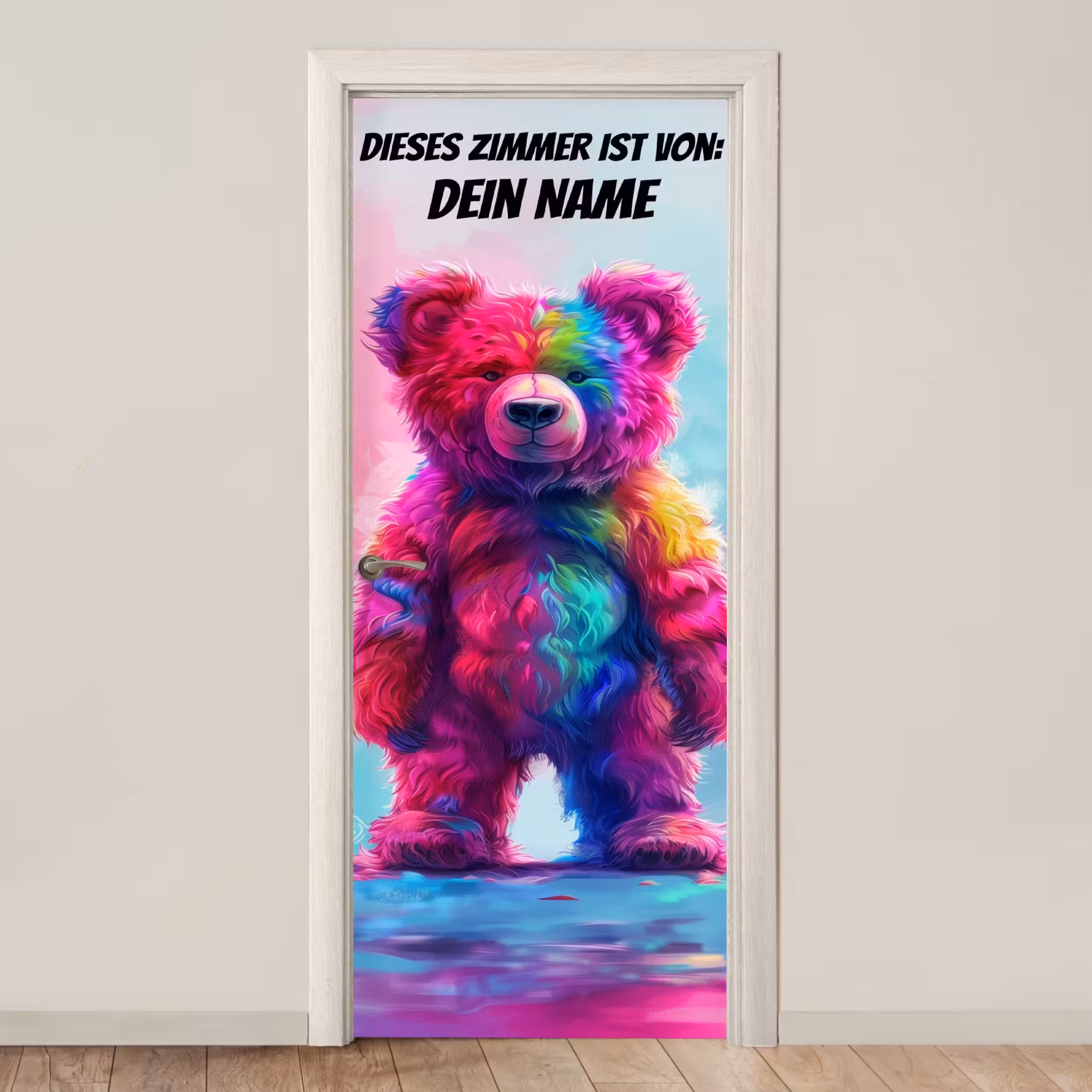 Türtapete mit Name - Bunter Teddybär mit Namensfeld oben.