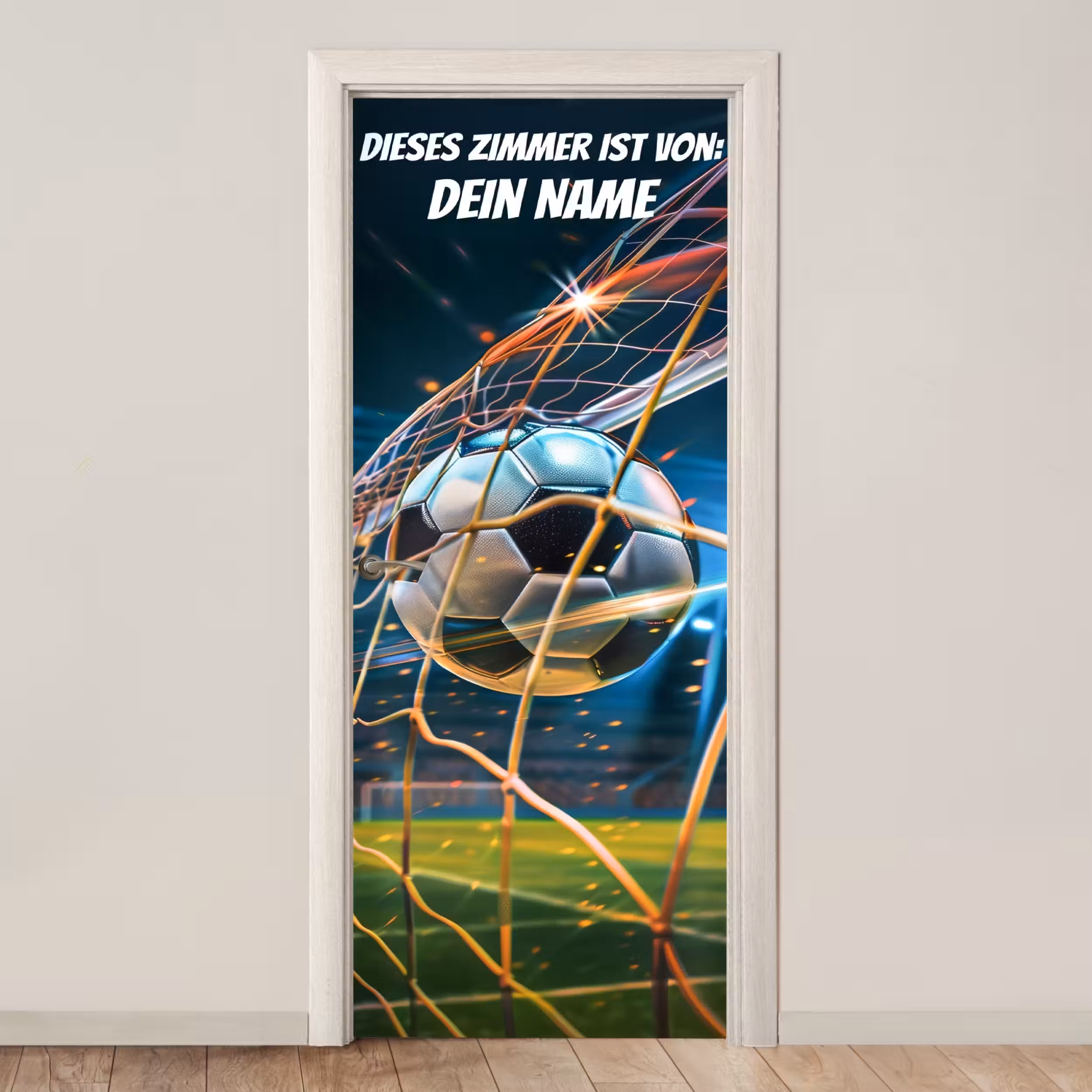 Türtapete mit Name - Fußball im Tornetz mit Namensfeld.