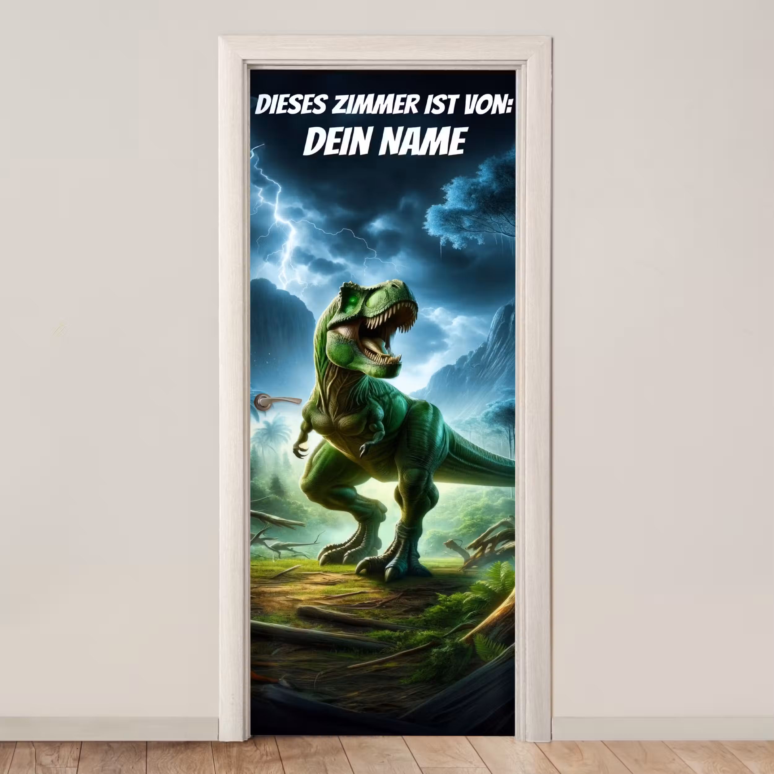 Türtapete mit Name - Grüner T-Rex im Gewitter mit Namensfeld.