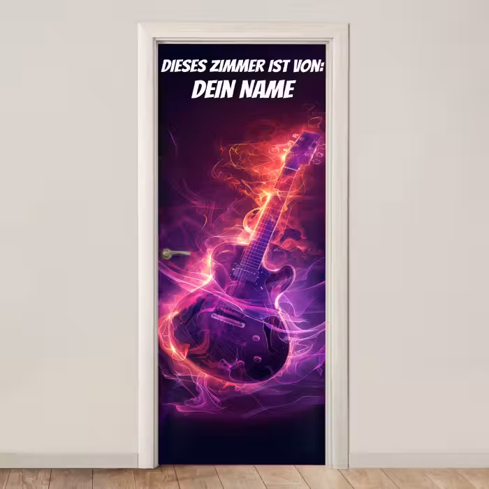 Türtapete mit Name - Leuchtende E-Gitarre im Neon-Stil mit personalisierbarem Namensfeld.