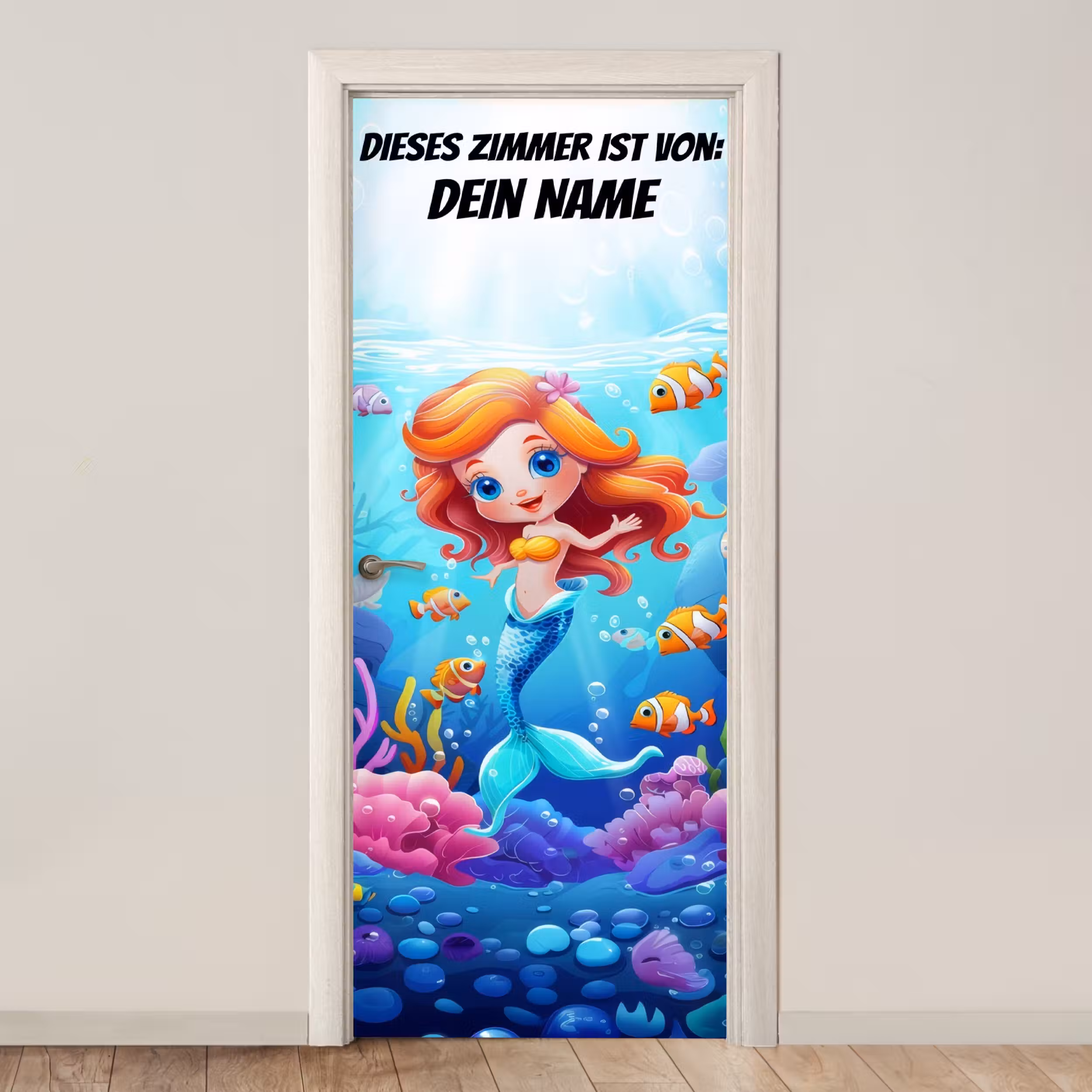 Türtapete mit Name - Niedliche Meerjungfrau mit Fischen unter Wasser.