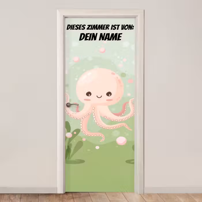 Türtapete mit Name - Niedlicher Oktopus auf grünem Hintergrund.