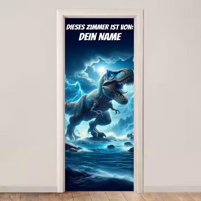 Türtapete mit Name - T-Rex im Sturm mit Namensfeld.