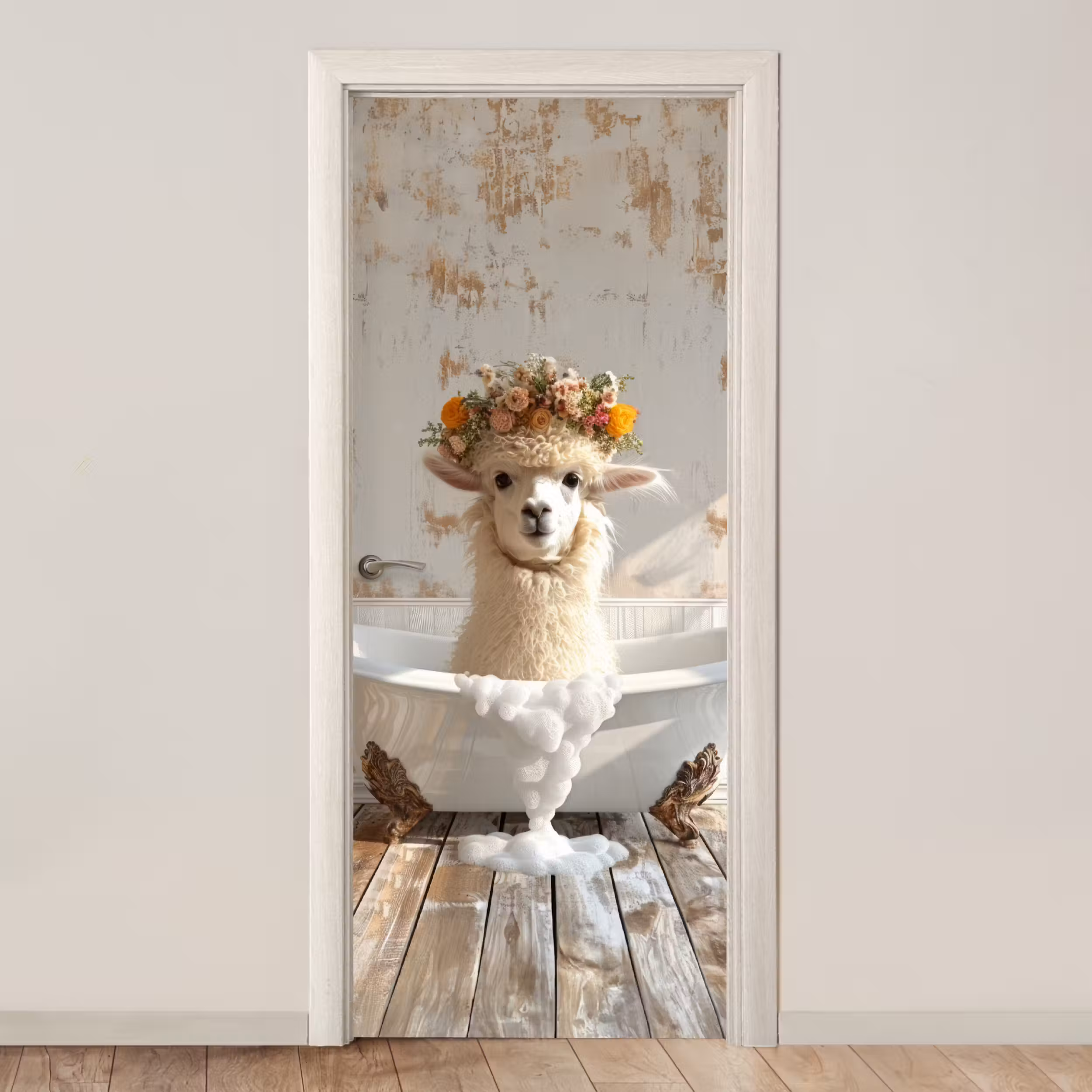 Türtapete - Vintage - Alpaka - Badewanne - Blumen - Tiere