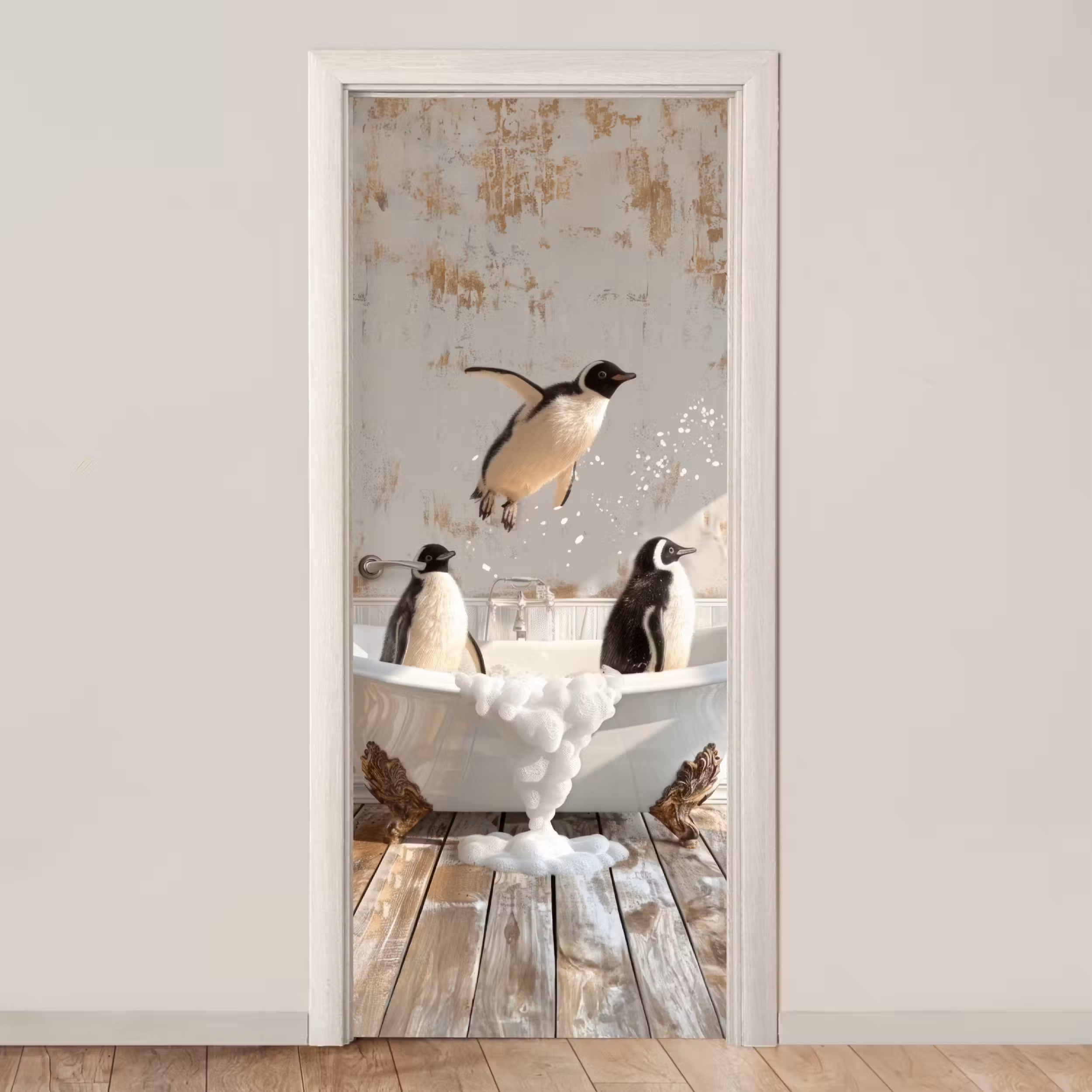Türtapete - Vintage - Pinguin - Badewanne - Schaumstoff