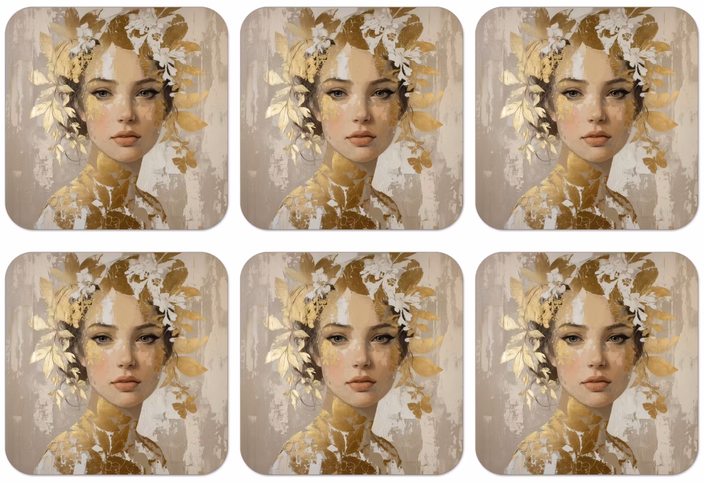 Untersetzer​ - Gesicht - Frau - Blätter - Gold