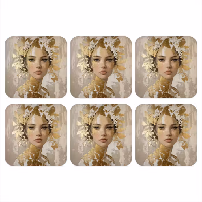 Untersetzer - Gesicht - Frau - Blätter - Gold