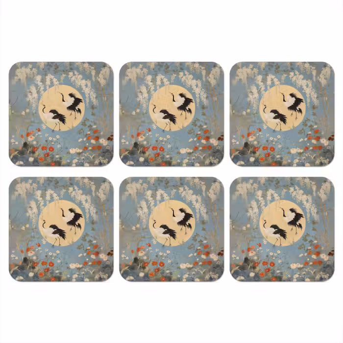 Untersetzer​ - Kraniche - Mond - Blumen - Blau