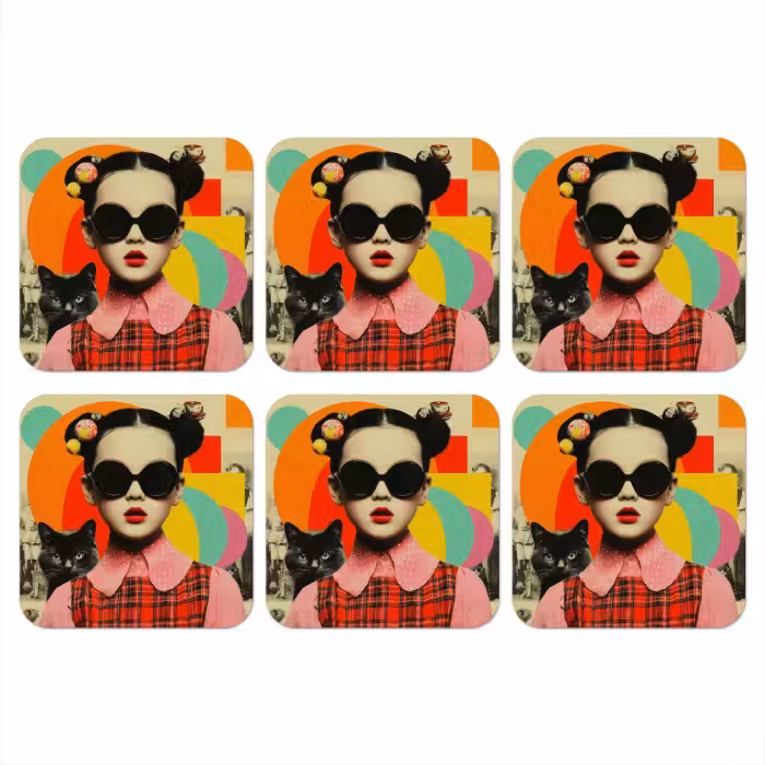 Untersetzer​ - Mädchen - Sonnenbrille - Katze - Retro