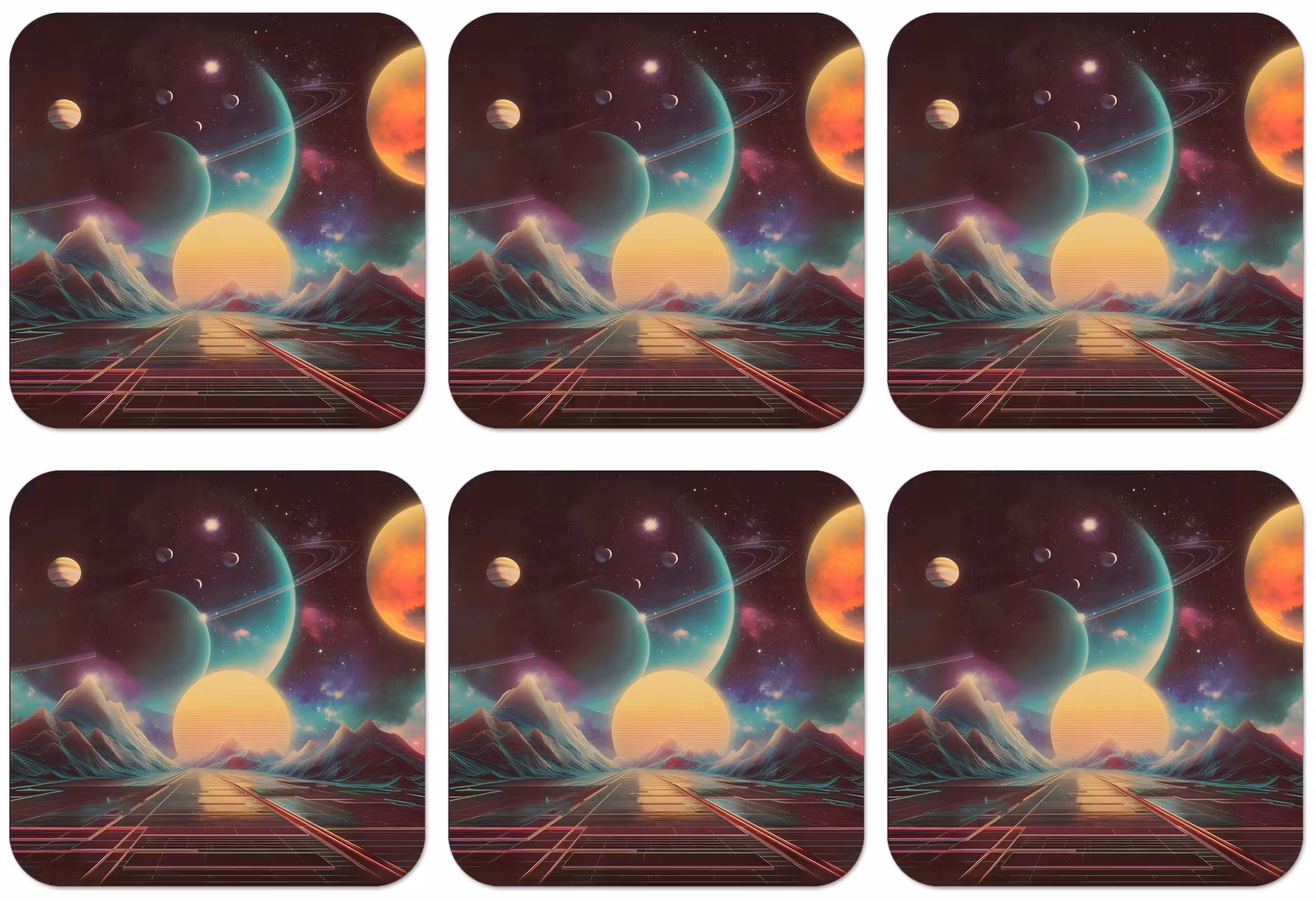 Untersetzer - Planeten - Neon - Berglandschaft - Sonne
