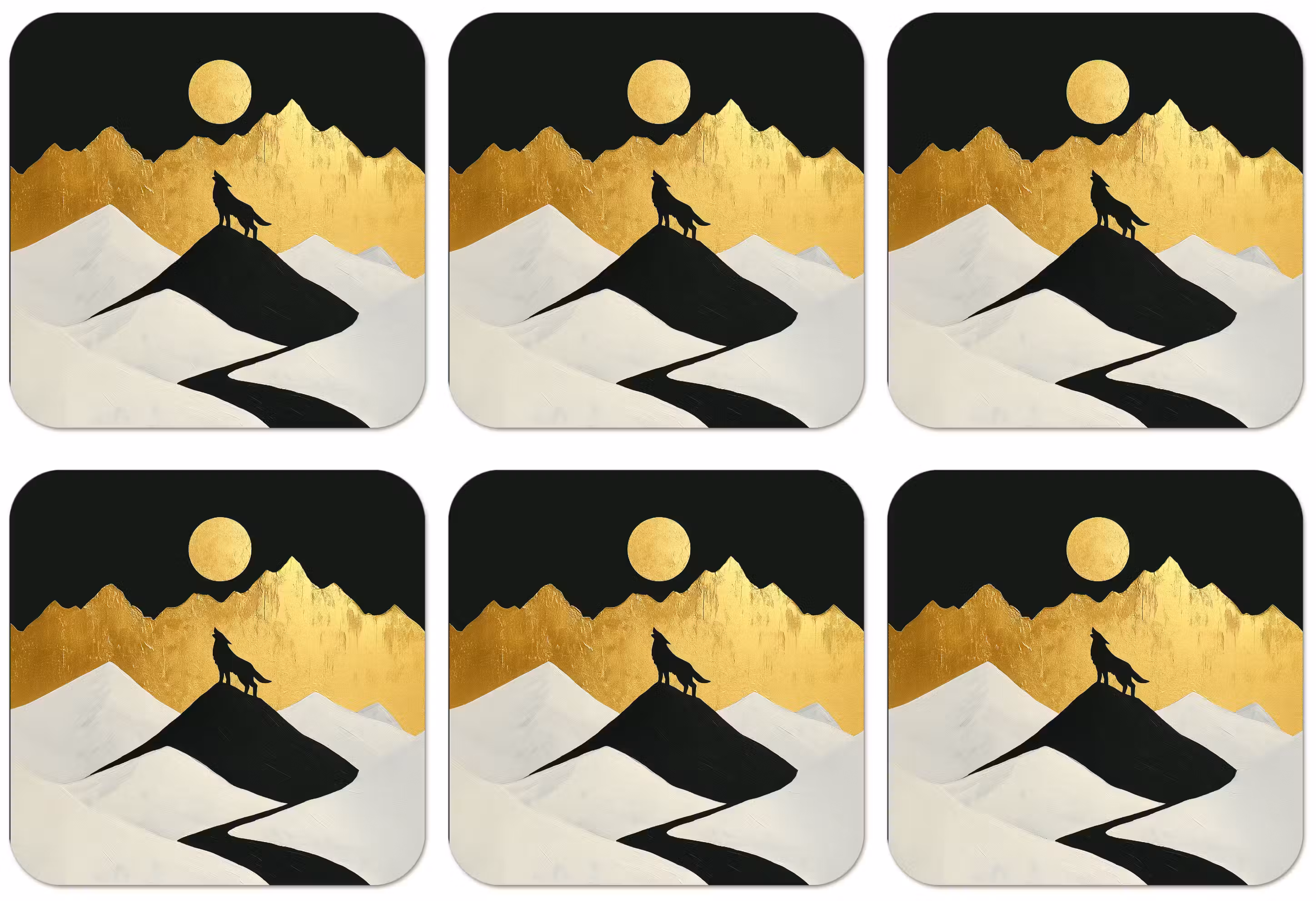 Untersetzer​ - Wolf - Berg - Mond - Schwarz