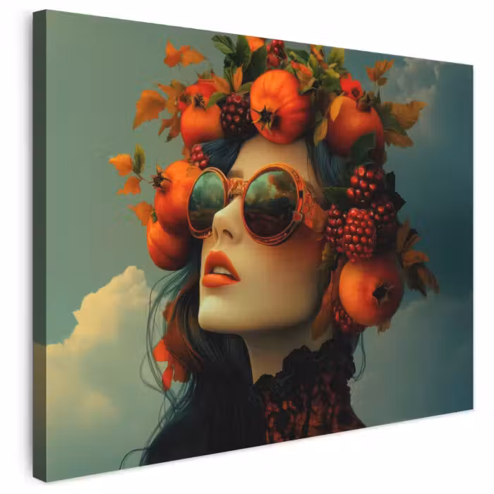 Leinwandbild - Frau - Granatapfel - Herbst - Sonnenbrille