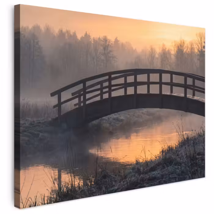 Leinwandbild - Brücke - Nebel - Bäume - Wasser