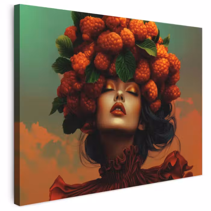 Leinwandbild - Frau - Himbeeren - Blätter