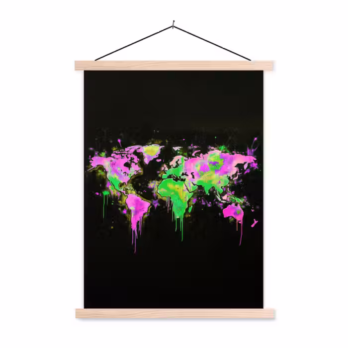 Stoffbild - Weltkarte - Neon - Grün - Rosa