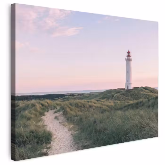 Leinwandbild - Leuchtturm - Dünenlandschaft - Meer