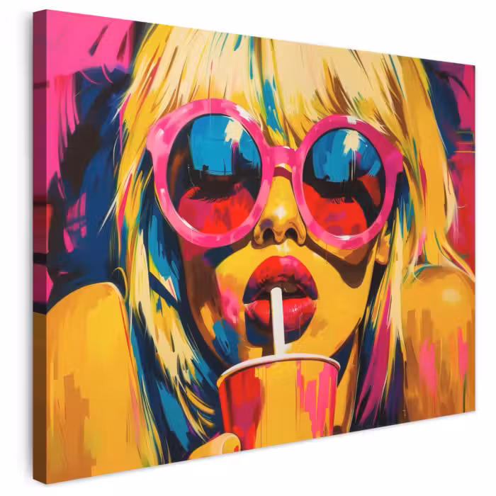 Leinwandbild - Sonnenbrille - Rosa - Frau - Stroh