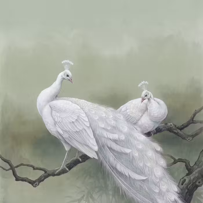 Tapete - Pfaue - Weiß - Natur - Grün