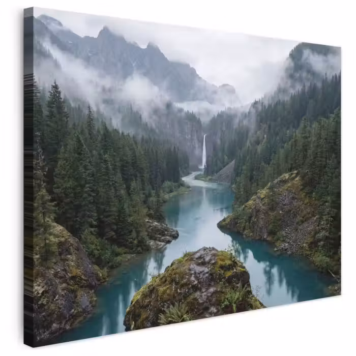 Leinwandbild - Wasserfall - Bäume - Berge