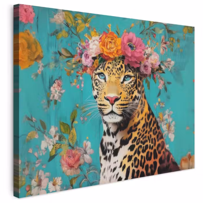 Leinwandbild - Leopard - Blumen - Krone