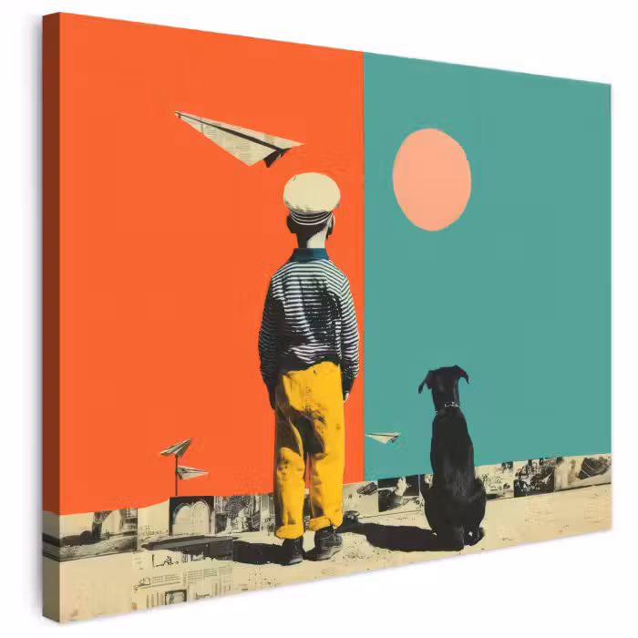 Leinwandbild - Retro - Junge - Hund - Rot - Grün