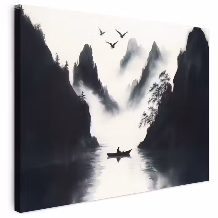 Leinwandbild - Ruderboot - Neblig - Berge - Vögel