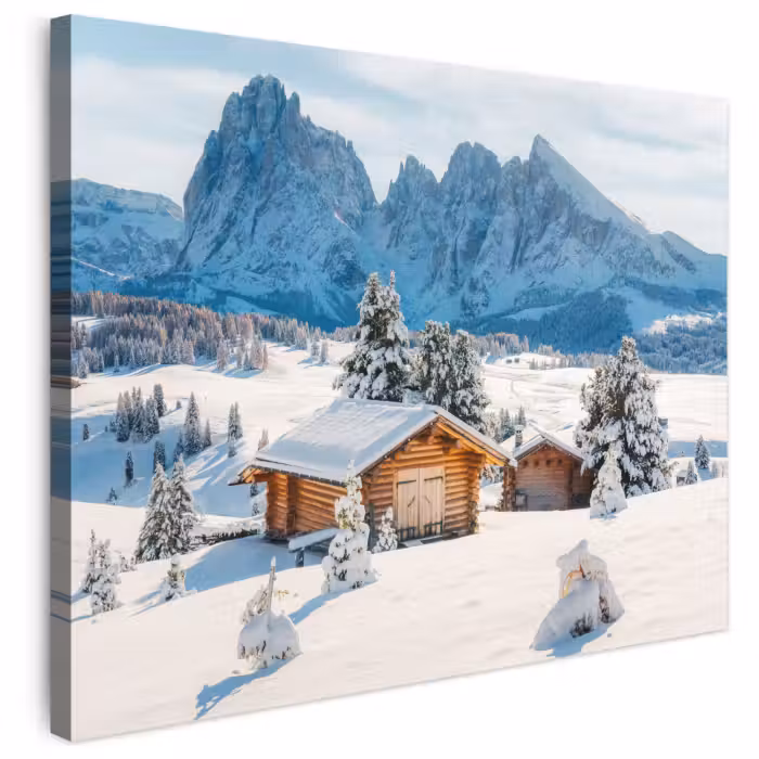 Leinwandbild - Winter - Hütte - Berge - Aussicht - Schnee
